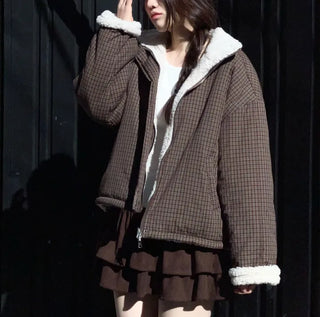 Breeze Latte two-tone check fleece high-neck collar neck two-way loose-fit padded jumper