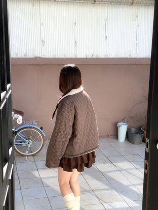 Breeze Latte two-tone check fleece high-neck collar neck two-way loose-fit padded jumper