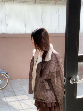 Breeze Latte two-tone check fleece high-neck collar neck two-way loose-fit padded jumper