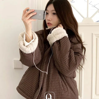 Breeze Latte two-tone check fleece high-neck collar neck two-way loose-fit padded jumper