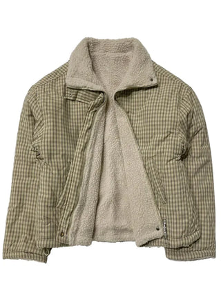 Breeze Latte two-tone check fleece high-neck collar neck two-way loose-fit padded jumper