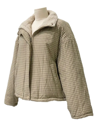 Breeze Latte two-tone check fleece high-neck collar neck two-way loose-fit padded jumper