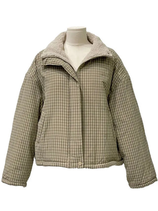 Breeze Latte two-tone check fleece high-neck collar neck two-way loose-fit padded jumper