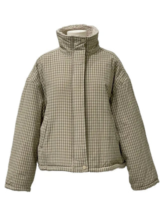 Breeze Latte two-tone check fleece high-neck collar neck two-way loose-fit padded jumper