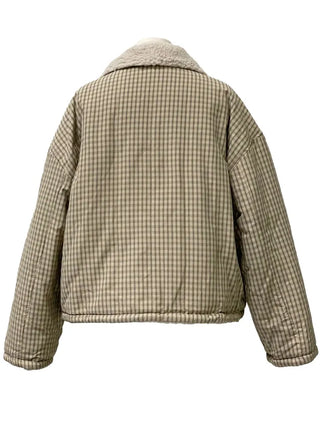 Breeze Latte two-tone check fleece high-neck collar neck two-way loose-fit padded jumper