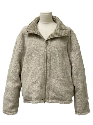 Breeze Latte two-tone check fleece high-neck collar neck two-way loose-fit padded jumper