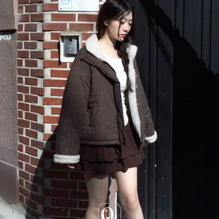 Breeze Latte two-tone check fleece high-neck collar neck two-way loose-fit padded jumper