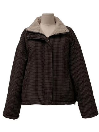 Breeze Latte two-tone check fleece high-neck collar neck two-way loose-fit padded jumper