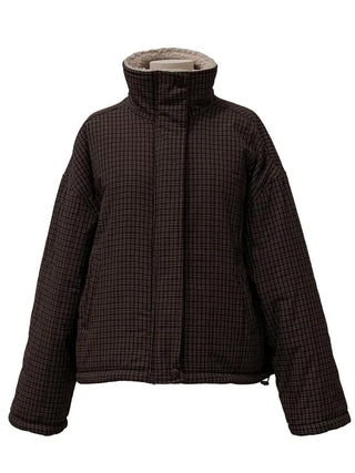Breeze Latte two-tone check fleece high-neck collar neck two-way loose-fit padded jumper