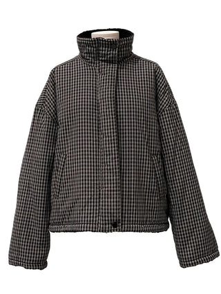 Breeze Latte two-tone check fleece high-neck collar neck two-way loose-fit padded jumper