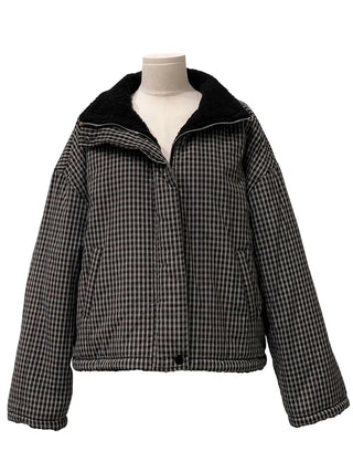 Breeze Latte two-tone check fleece high-neck collar neck two-way loose-fit padded jumper