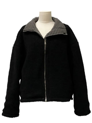 Breeze Latte two-tone check fleece high-neck collar neck two-way loose-fit padded jumper
