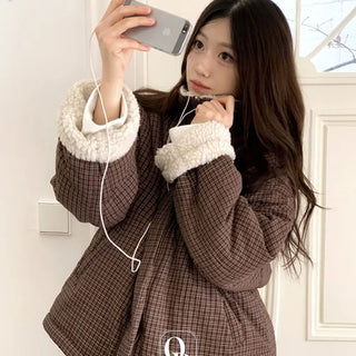 Breeze Latte two-tone check fleece high-neck collar neck two-way loose-fit padded jumper