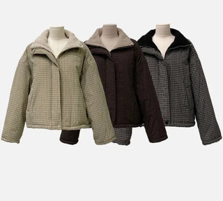 Breeze Latte two-tone check fleece high-neck collar neck two-way loose-fit padded jumper