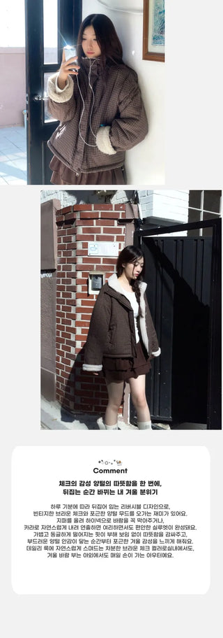 Breeze Latte two-tone check fleece high-neck collar neck two-way loose-fit padded jumper