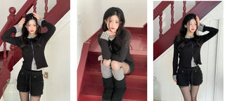 Kinu Checked Color Block Layered Golji Knit Cardigan