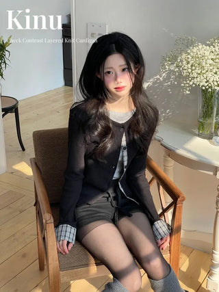 Kinu Checked Color Block Layered Golji Knit Cardigan