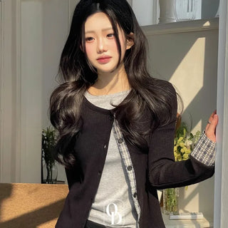Kinu Checked Color Block Layered Golji Knit Cardigan