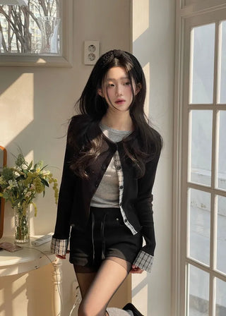 Kinu Checked Color Block Layered Golji Knit Cardigan