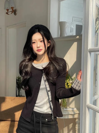 Kinu Checked Color Block Layered Golji Knit Cardigan