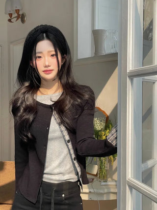 Kinu Checked Color Block Layered Golji Knit Cardigan