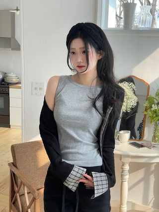 Kinu Checked Color Block Layered Golji Knit Cardigan