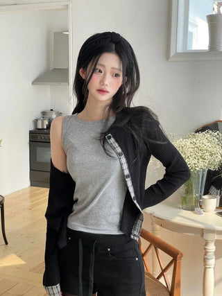 Kinu Checked Color Block Layered Golji Knit Cardigan