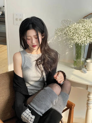 Kinu Checked Color Block Layered Golji Knit Cardigan