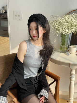 Kinu Checked Color Block Layered Golji Knit Cardigan