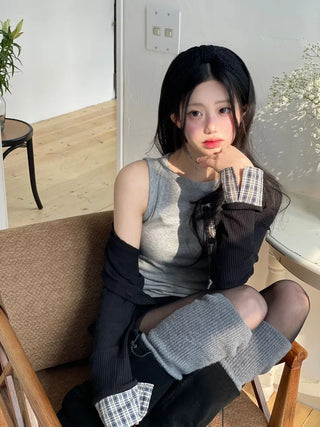 Kinu Checked Color Block Layered Golji Knit Cardigan