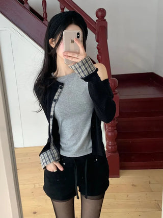 Kinu Checked Color Block Layered Golji Knit Cardigan