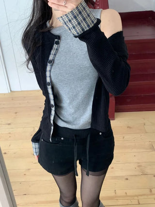 Kinu Checked Color Block Layered Golji Knit Cardigan