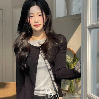 Kinu Checked Color Block Layered Golji Knit Cardigan