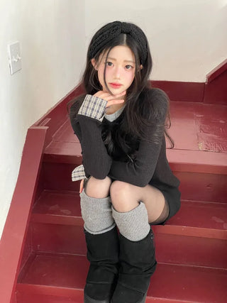 Kinu Checked Color Block Layered Golji Knit Cardigan