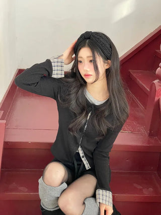Kinu Checked Color Block Layered Golji Knit Cardigan