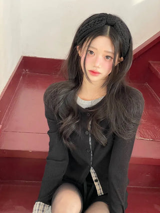 Kinu Checked Color Block Layered Golji Knit Cardigan