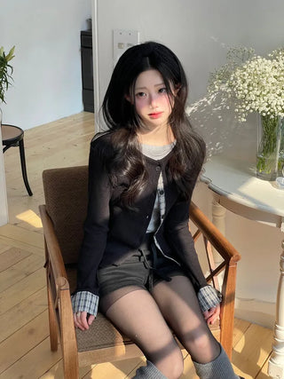 Kinu Checked Color Block Layered Golji Knit Cardigan