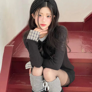 Kinu Checked Color Block Layered Golji Knit Cardigan