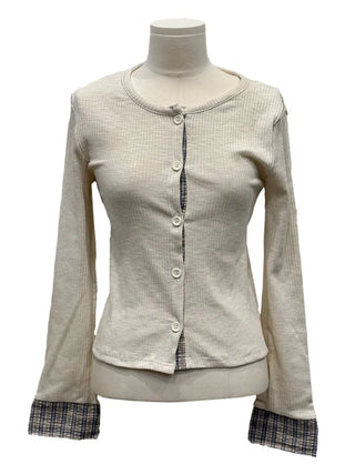 Kinu Checked Color Block Layered Golji Knit Cardigan
