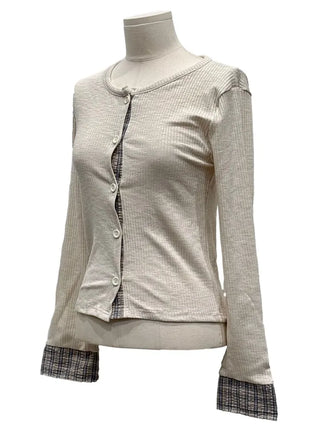 Kinu Checked Color Block Layered Golji Knit Cardigan