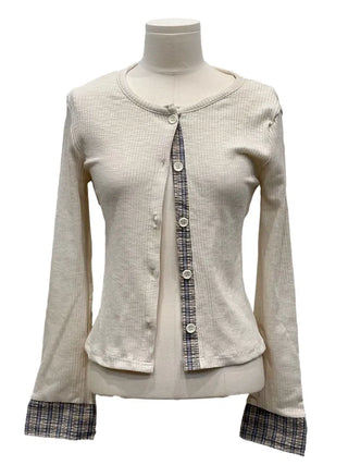 Kinu Checked Color Block Layered Golji Knit Cardigan