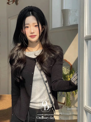 Kinu Checked Color Block Layered Golji Knit Cardigan