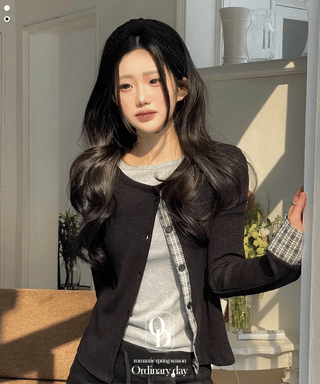 Kinu Checked Color Block Layered Golji Knit Cardigan