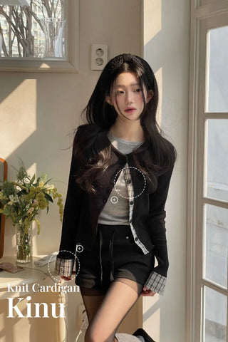 Kinu Checked Color Block Layered Golji Knit Cardigan