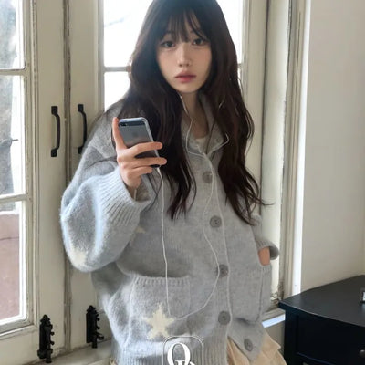 Suzunu Karaneck Avangue Loose Fit Star Knit Cardigan