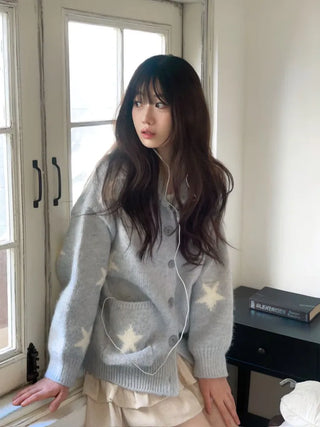 Suzunu Karaneck Avangue Loose Fit Star Knit Cardigan