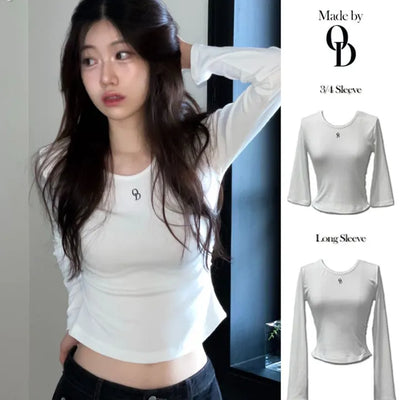 Slim Basic Embroidered Long Sleeve 7/8 Length Tight Shirring T-Shirt