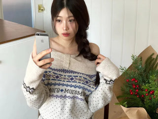 Yurana Nordic Ribbon Off-Shoulder Shibori Wool Knit