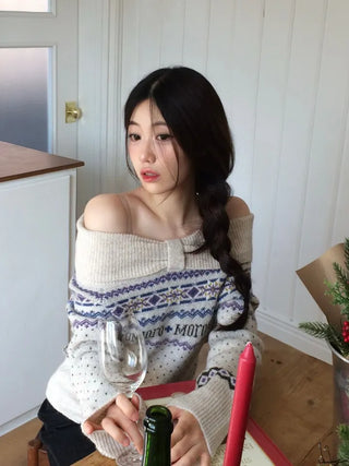 Yurana Nordic Ribbon Off-Shoulder Shibori Wool Knit