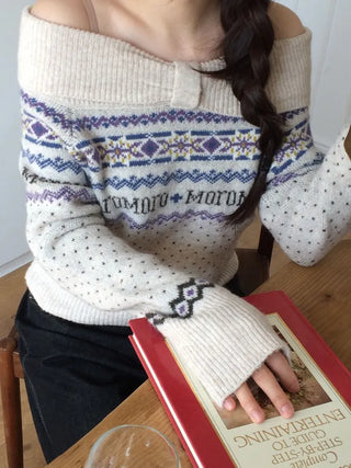 Yurana Nordic Ribbon Off-Shoulder Shibori Wool Knit